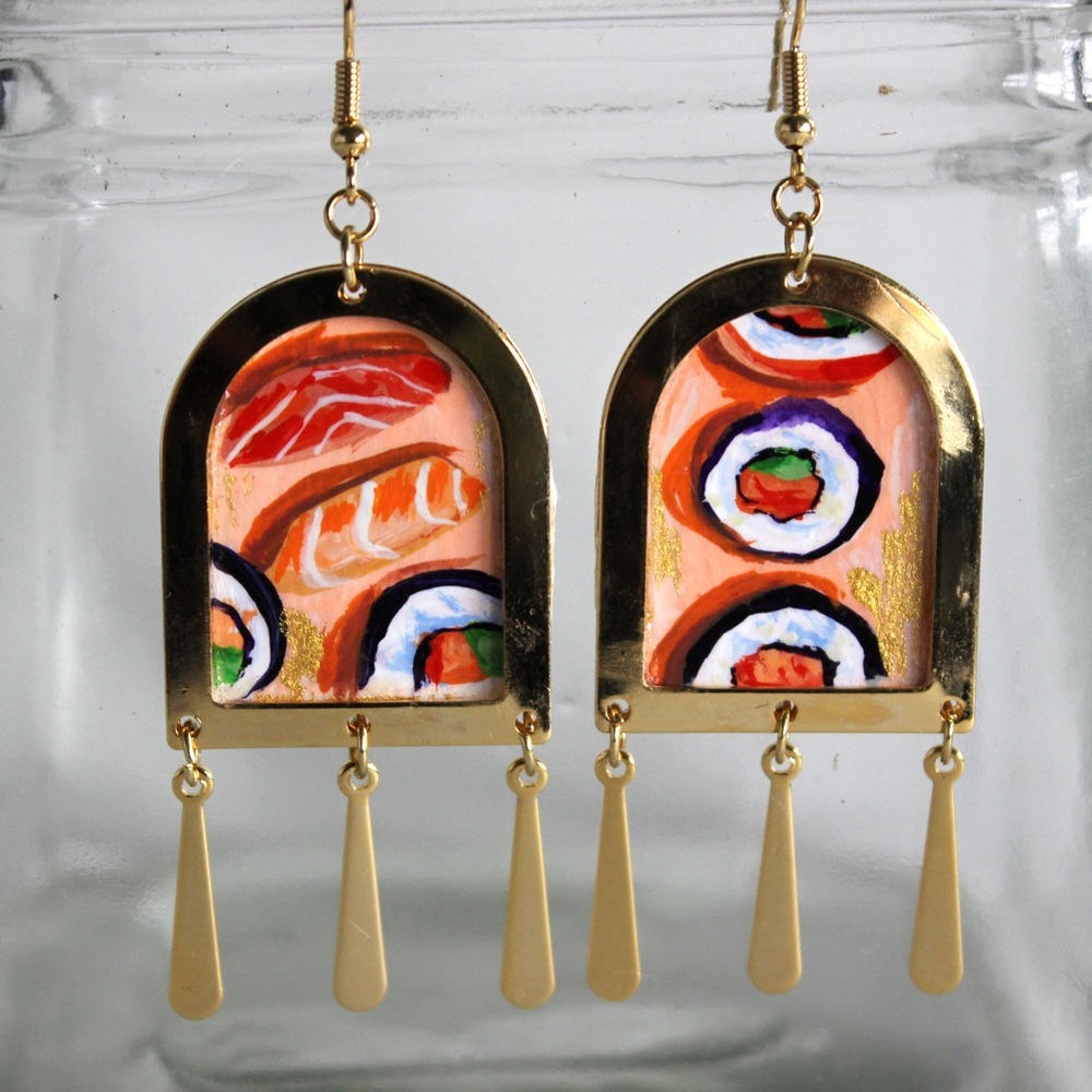 Hand painted Gold Sushi Earrings
